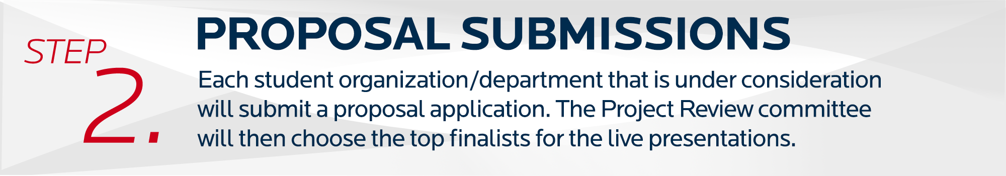 step 2. Proposal submissions. Each student organization/department that is under consideration will submit a proposal application. The Project Review committee will then choose the top finalists for the live presentations.