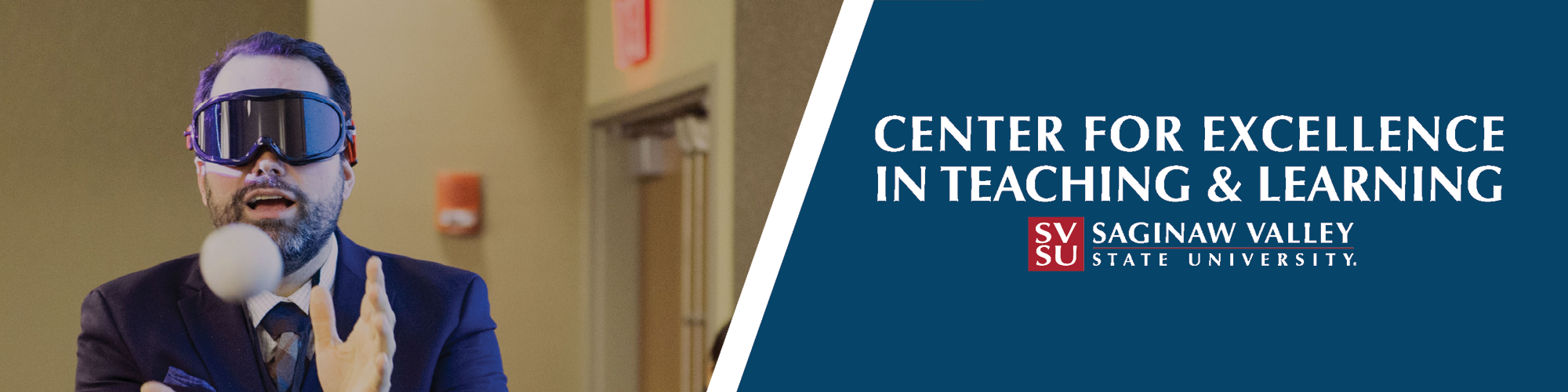 Banner with an image of a man catching a ball with the words, SVSU, Saginaw Valley State University, Center for Excellence in Teaching and Learning