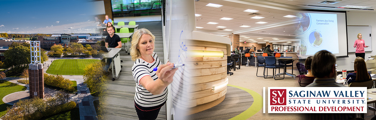 A group of images: A professor writing basic coding information on a whiteboard, numerous students working on laptops in the SVSU Library, an instructor giving a presentation to local farmers on soil composition. A Saginaw Valley State University Professional Development logo appears on the image    