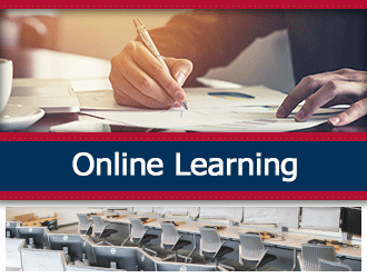 An individual writes a grant proposal at a desk. A ribbon that says 