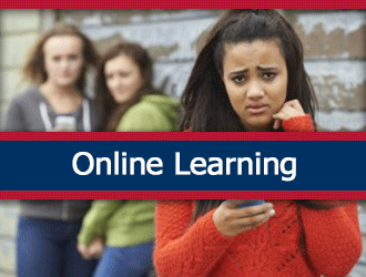 SCECH Bullying in School - a student being bullied by two other students. A ribbon that says 