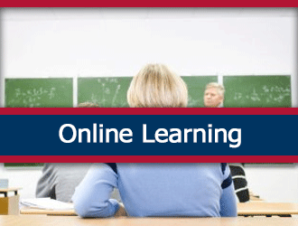 Student Listens to teacher lecture at chalk board. A ribbon that says 