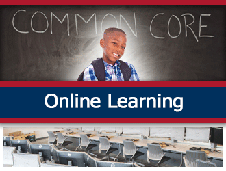 Young student stands in front of chalkboard. A ribbon that says 