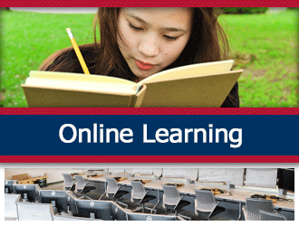 Student reads in a field. A ribbon that says 