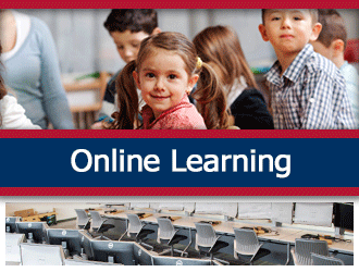 Multiple young students smile and write on chalkboard. A ribbon that says 