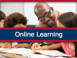 A teacher working with two elementary students. A ribbon that says 