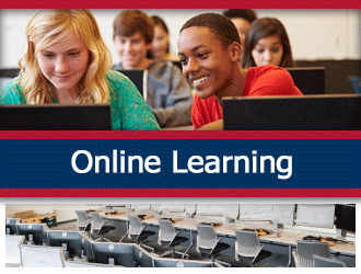 Students work on laptops together. A ribbon that says 