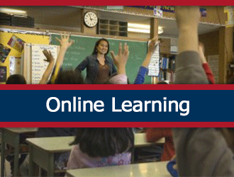 An elementary classroom where the children are raising their hands. A ribbon that says 
