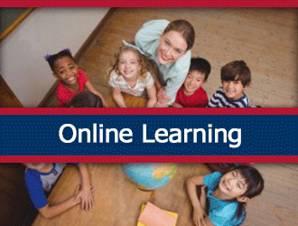 An elementary class and teacher that is standing around a globe. A ribbon that says 