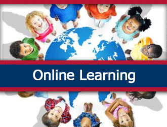 A group of young students standing in a circle with an image of the earth in the middle of them. A ribbon that says 