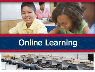 Two students smile while they work. A ribbon that says 