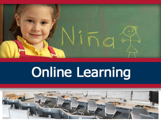 A young student stands in front of a chalkboard with the spanish word Nina written on it. A ribbon that says 