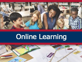 A substitute teacher helps a group of students at a table. A ribbon that says 