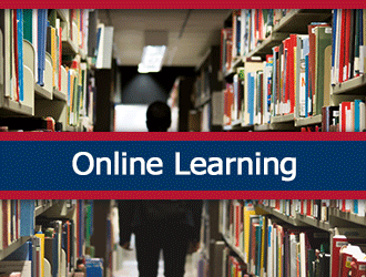 A student walking away from the camera down a library's aisle. A ribbon that says 