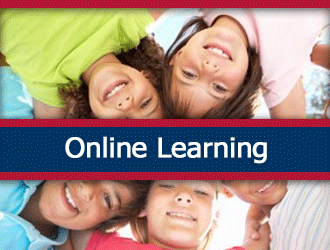 A group of grade school children standing in a circle looking down at the camera. A ribbon that says 