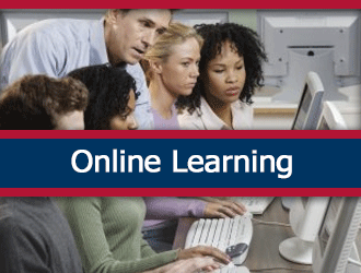 A class of older students working on the computer with the instructor explaining the work. A ribbon that says 