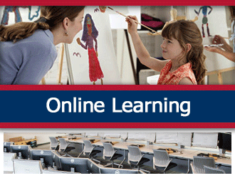 A teacher encourages a young student while the student paints. A ribbon that says 