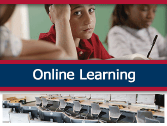 An unhappy student sitting at their desk. A ribbon that says 