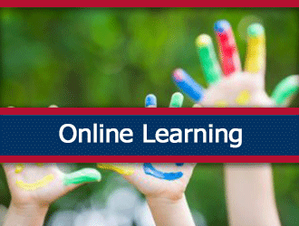 A group of students raise their hands with colorful paint on their hands. A ribbon that says 