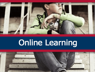 An adolescent sitting alone on outside steps looking off into the distance. A ribbon that says 