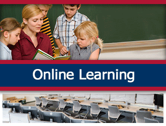 A teacher sits and reads to four students. A ribbon that says 