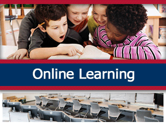 Four young students lean excitedly over a book. A ribbon that says 