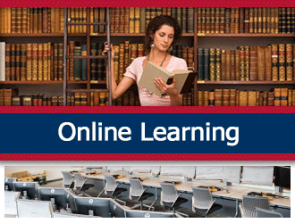 A young woman stands reading in front of a bookshelf. A ribbon that says 