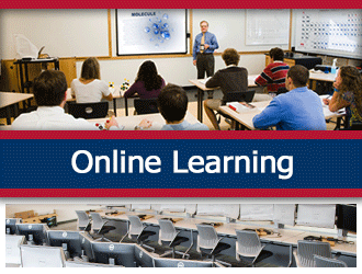 A teacher uses a powerpoint presentation in front of a class. A ribbon that says 