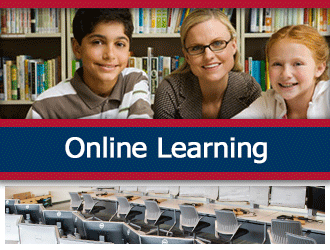 A teacher and two young students smile while reading. A ribbon that says 