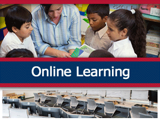 A teacher helps three young students read. A ribbon that says 