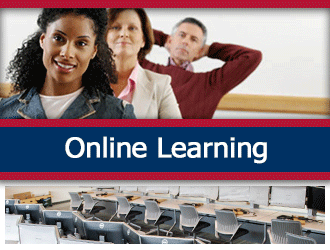 Three adult students smile at their desks. A ribbon that says 