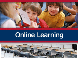 Preschool students listen excitedly to teacher with flashcards. A ribbon that says 