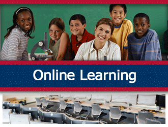 Five students and a teacher smile around a microscope. A ribbon that says 