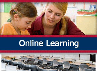  A teacher helps a student with autism do classwork. A ribbon that says 