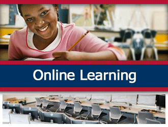 A student smiles and writes at their desk. A ribbon that says 