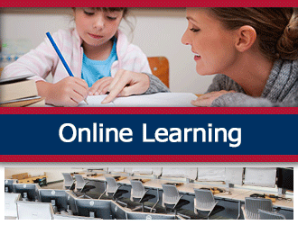 A teacher helps a young student write. A ribbon that says 