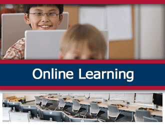 Younger students siting in front of computers. A ribbon that says 