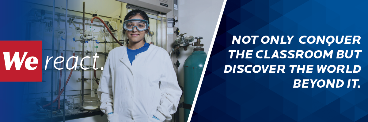 Arai Patel in chemistry lab. We react.