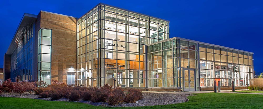 Pioneer Hall at night