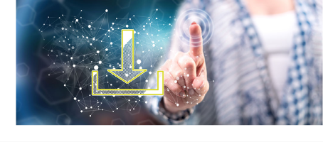 Stock photo of student touching hologram of download icon.