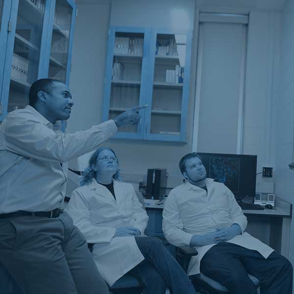 Professor and students discussing lab