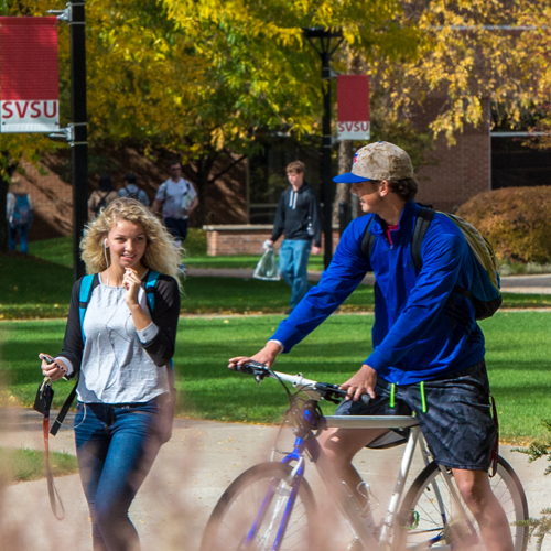 Students walking the courtyard of SVSU