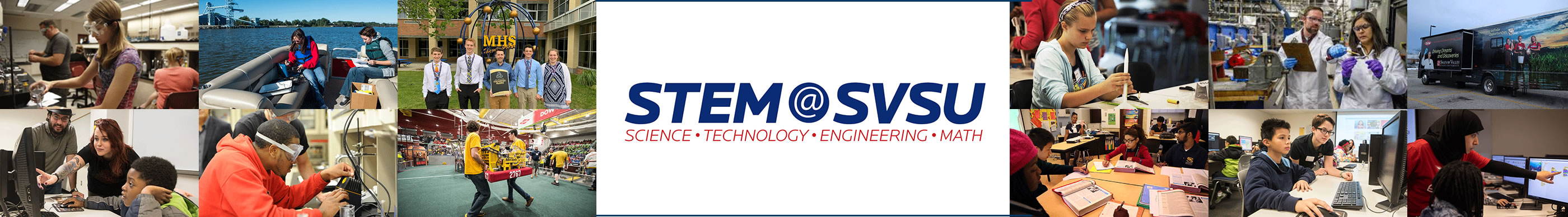 STEM banner with pictures of students doing activities.