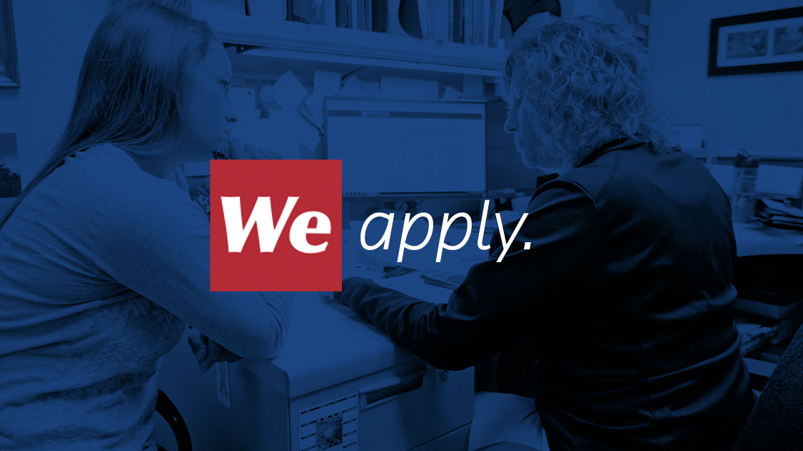 We Apply text overlayed on blue background