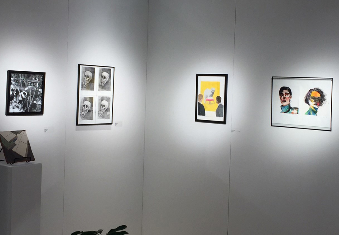 Back wall interior featuring monoprint, etching, painting and ceramic