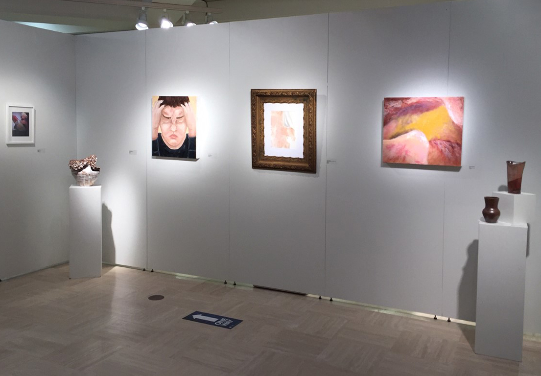 Student show artwork featuring paintings and monoprint