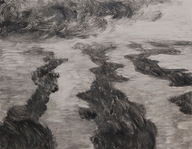 oil print of achromatic desolate landscape with irregular crop rows or waves.