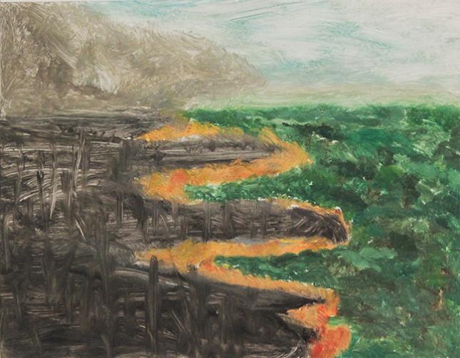 colored oil print of irregular crop line. One field dead one healthy and thriving