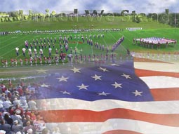 collage featuring American flag and students forming the letters 